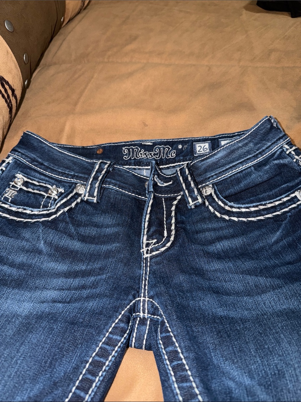 Miss Me Dark Blue Skinny Jeans with White Contrast Stitching 26x34